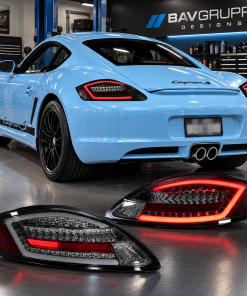 Porsche 987.1 Cayman blue 718 style smoked LED taillights BavGruppe garage