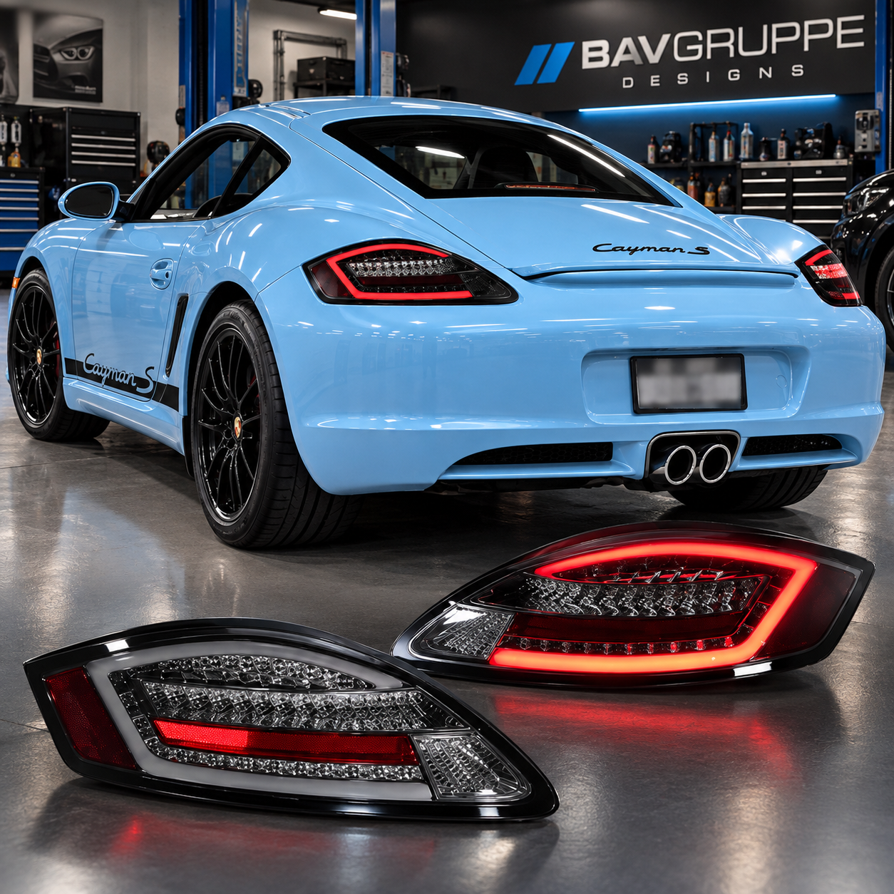 Porsche 987.1 Cayman blue 718 style smoked LED taillights BavGruppe garage