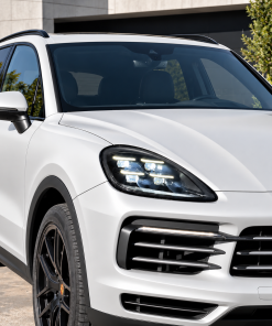 Matte white Porsche Cayenne 9Y0 2019–2023 with 2024-style LED headlight upgrade